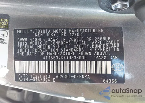 2004 Toyota Camry Le from USA, damaged, VIN 4T1BE32K44U836009